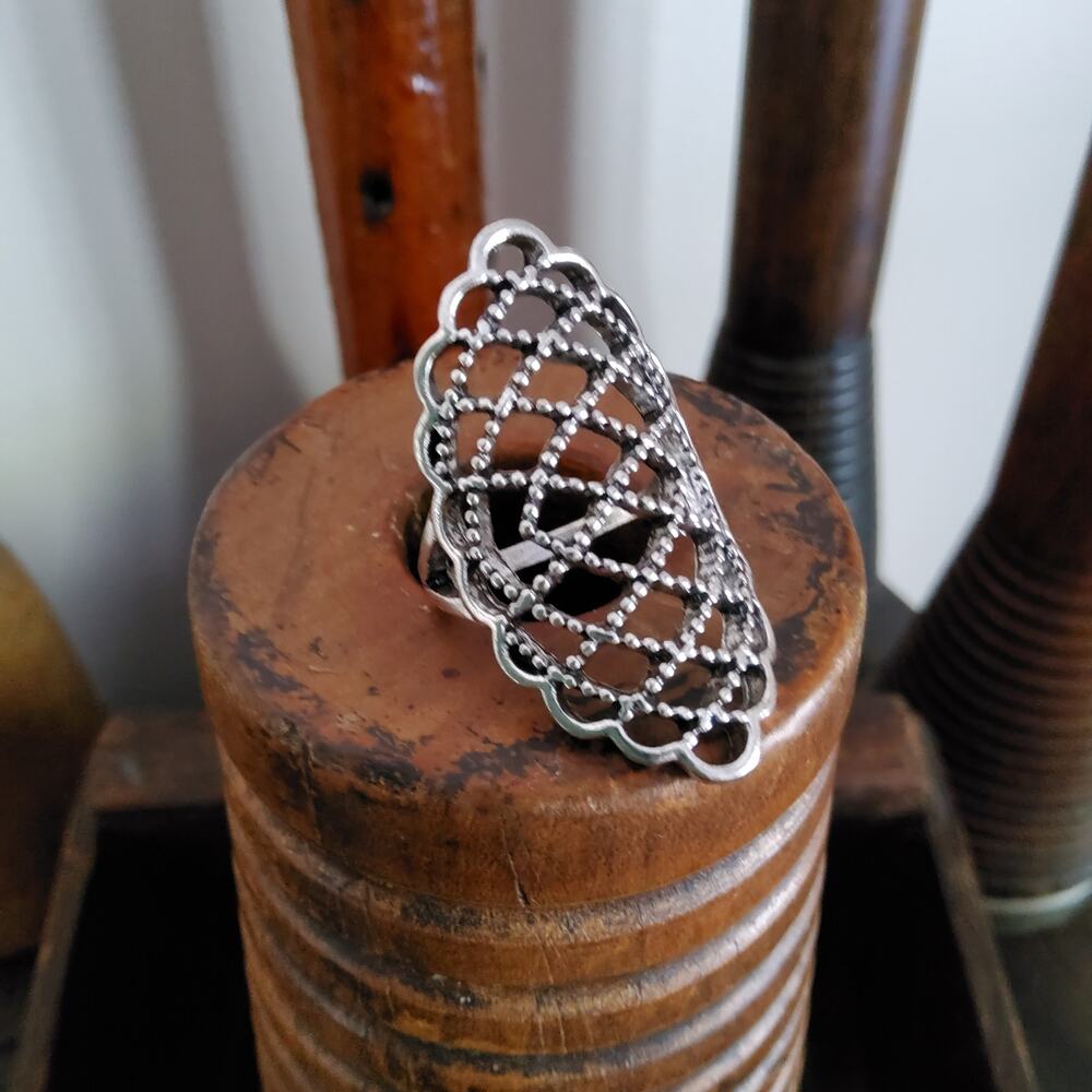 Women's Fashion Antiqued Hollow Long Statement Ring in Silver Tone Size 7